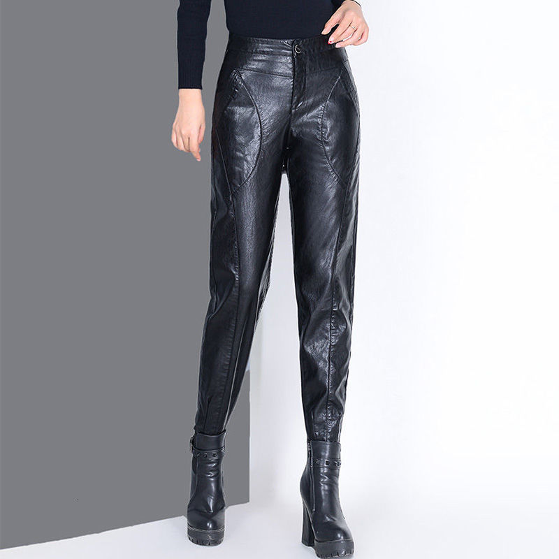 

2021 New Womens Fashion Women's High Waist Hare Korean Female Pantalettes Leather Baggy Pants 41g9, Black