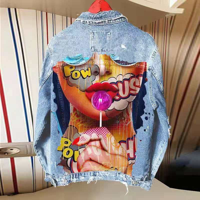 

women's jackets denim coats girly 3d printing autumn winter jacket vintage long sleeve loose female jeans coat casual outwear xms6, Black;brown