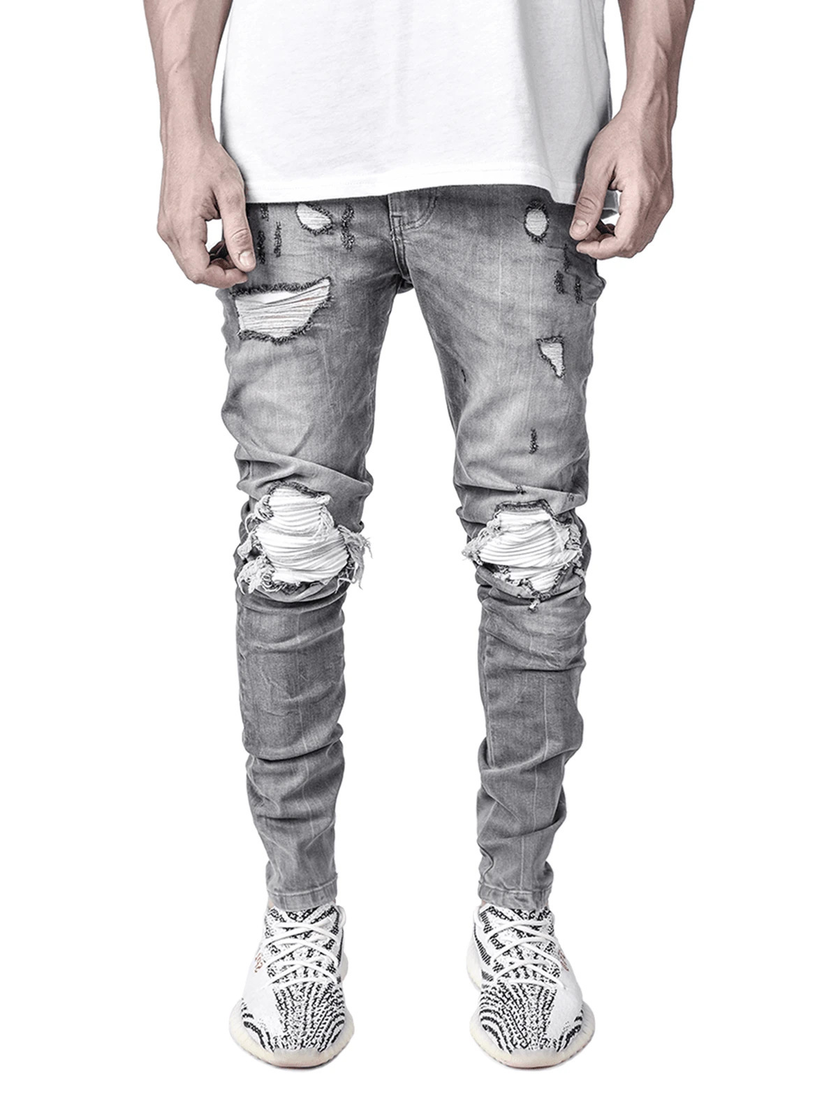 

Trendy ripped Fitness jeans Pants men stretch denim feet Trousers black Streetwear pant, Gray
