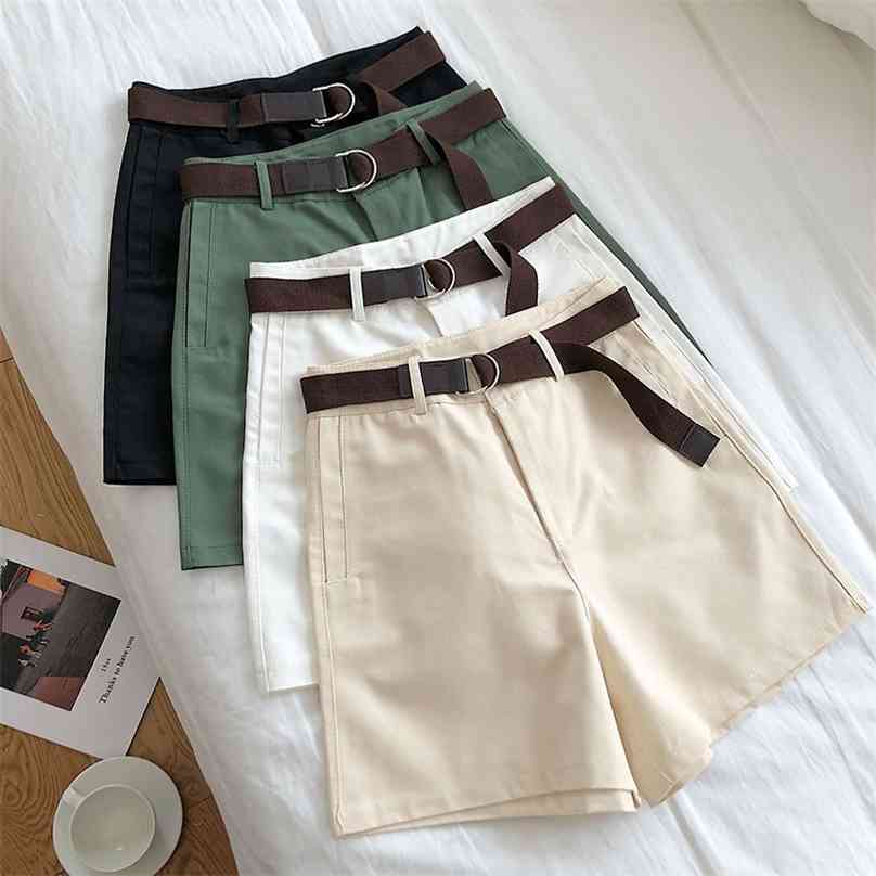

Obrix High Elastic Waist Female Safari Style Wide Leg Casual Korean Fashion Shorts With Canvas Belt For Women 210719, Black