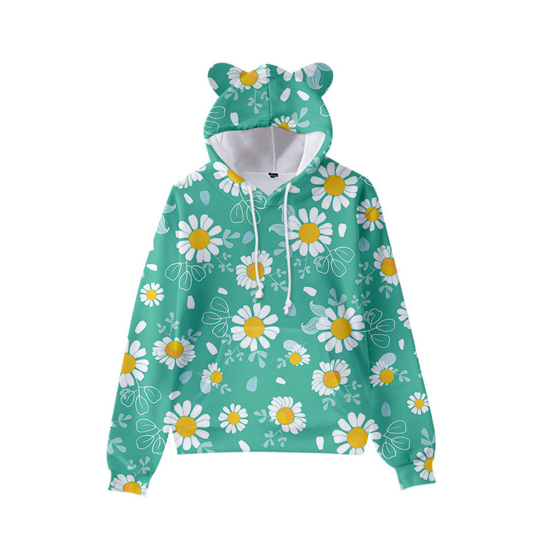 

Chrysanthemum print cute boy girl clothes hooded 3D printing hooded sweater top autumn early winter ears hooded pullover, Black