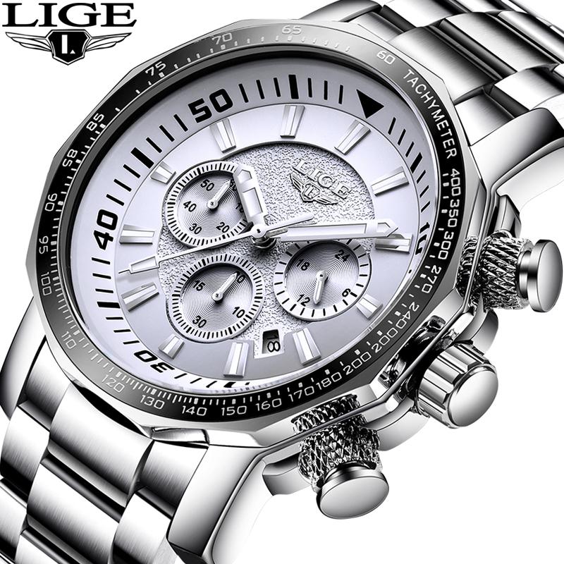 Wristwatches LIGE Tiehan Style Chronograph Quartz Wristwatch Men Large Dial White Steel Watches Mens Waterproof Sports Military Watch Reloje-image-713955021