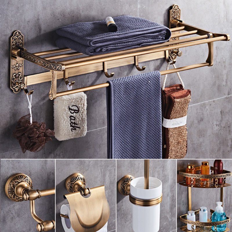 

2021 New Antique Bronze Carved Bathroom Accessories Set Aluminum Bath Hardware Sets Towel Rack,paper Toilet Brush Holder 00yv
