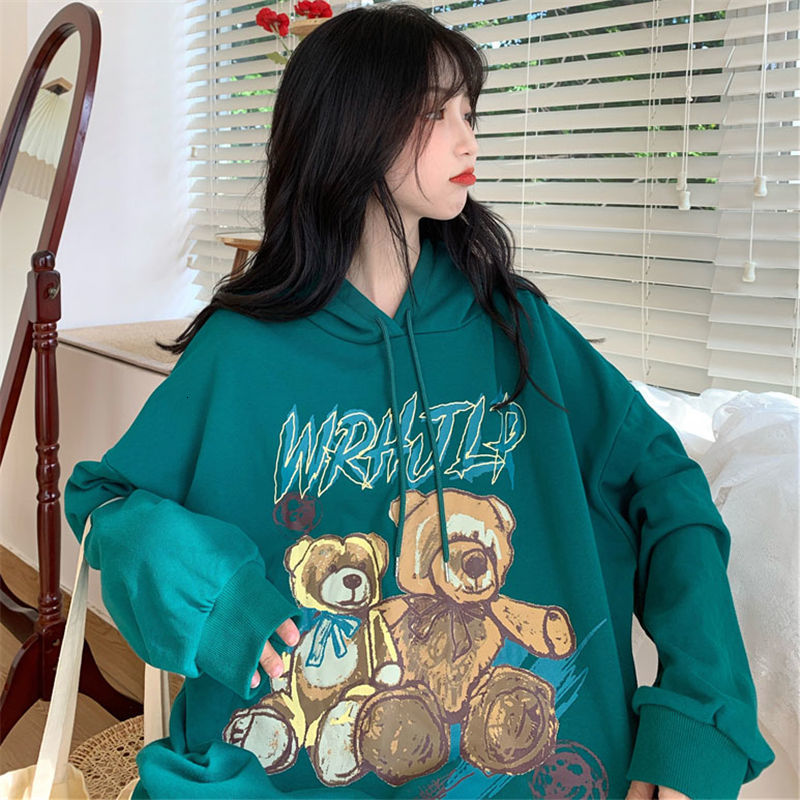 

2021 New Blue Women Fashion Sweatshirts Femme Autumn Gothic Harajuku Bear Hoodie Streetwear Kwaii Japan Oversized Hip Hop Tops Aato