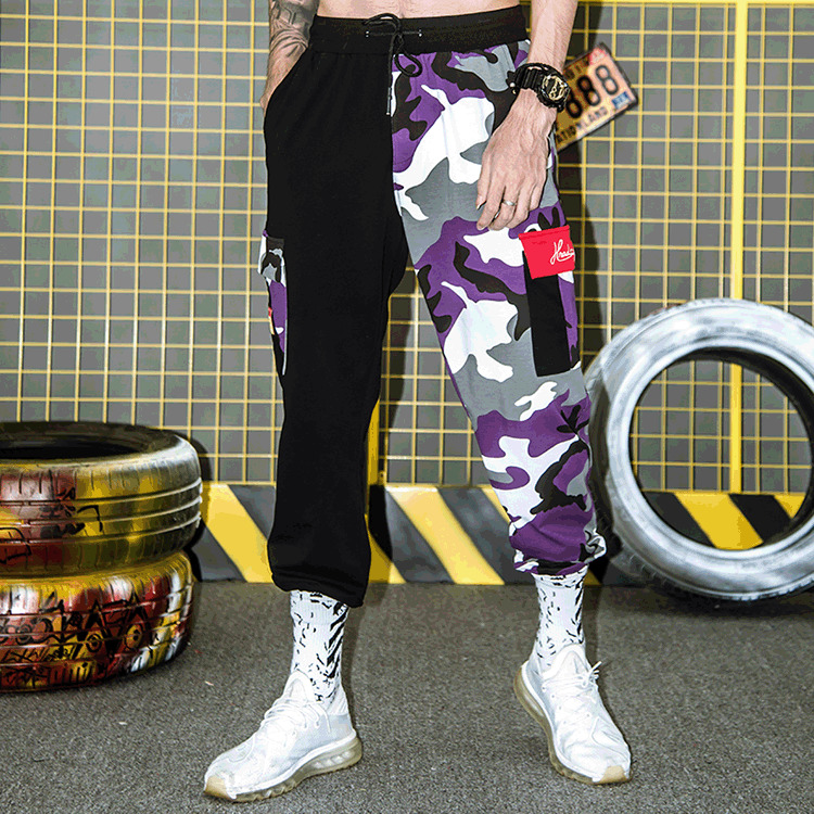 

pants trousers overalls camouflage 2021 young men's outdoor sports casual korean fashion loose nine point leggings, Black