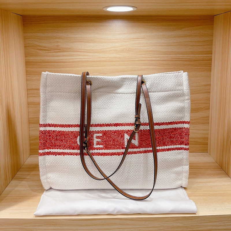 

Designer Women Canvas Tote Shopping Bag Paris Brand Cabas Letter Embroidery Totes Handbags Woman Stripes Shoulder Handbag Luxurys Designers Bags High Quality, Red