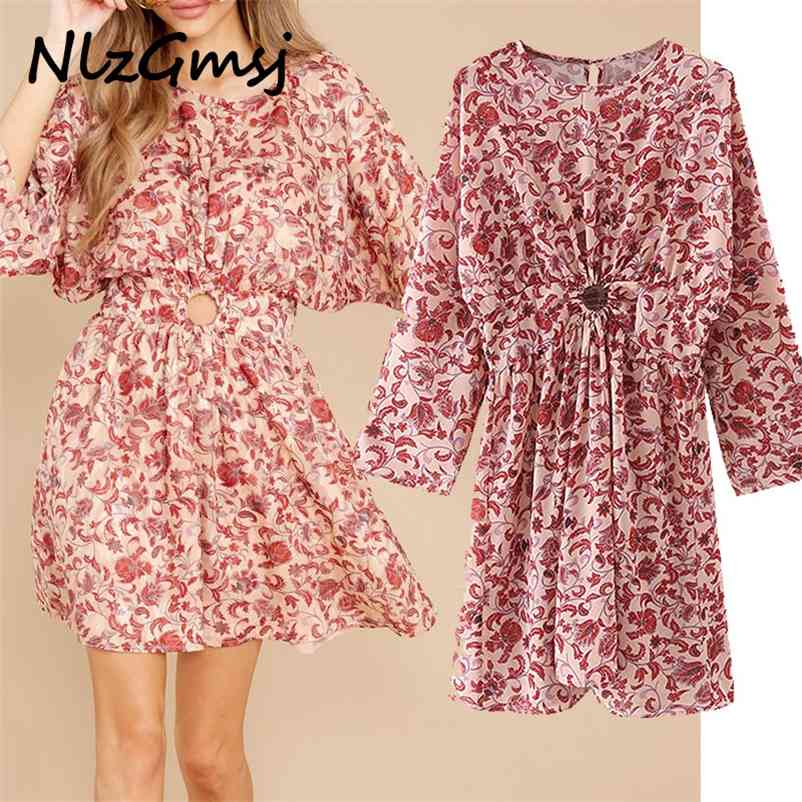 

Dresse Summer Print Chiffon Mini Woman Vintage O neck Long Sleeve Elastic Waist Casual Party 210628, As picture