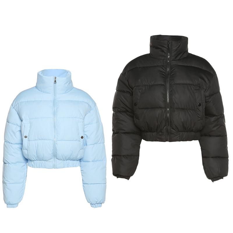 

Women' Down & Parkas Women Winter Short Puffer Jacket Long Sleeve Stand Collar Zip Up Cropped Bubble Coat Solid Color Quilted Outerwear 50L, Black