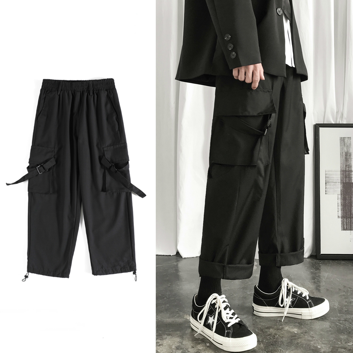 

2021 New Men's Fashion Loose Work Casual Leisure Male Black/grey Color Sports Pants Streetwear Cargo Pocket Trousers M- Fb3v, Gray