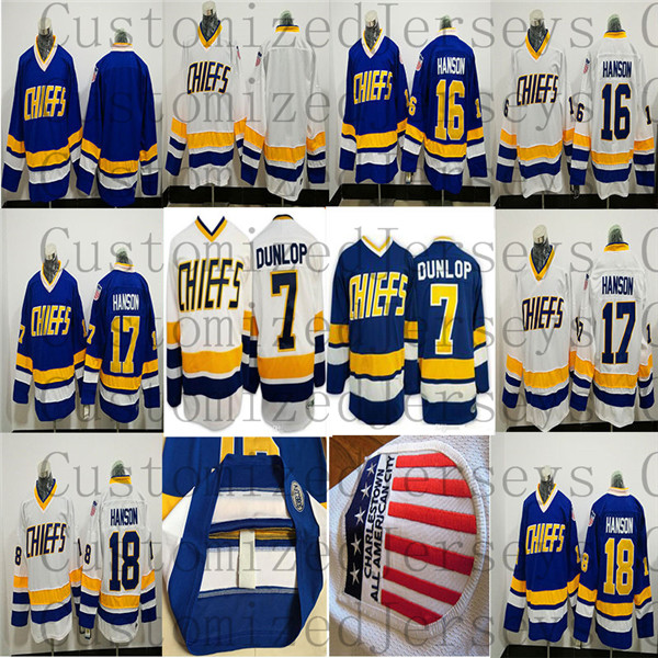 

Movie Hanson Brothers Charlestown Chiefs #16 Jack Hanson #17 Steve #18 Jeff Hanson #7 Reggie DUNLOP Shot Hockey Jerseys, Blue