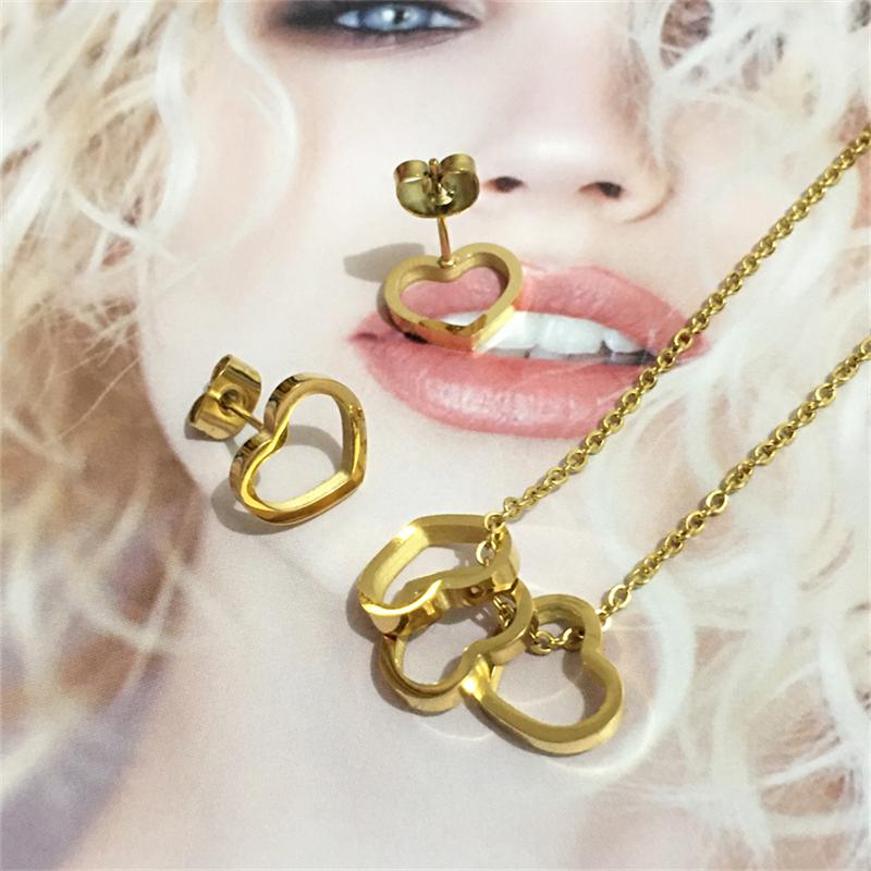 

Earrings & Necklace High Quality 316L Steel Jewelry Set Trendy Exquisite Three Hollow Heart-Shaped Gold Plated Pendant Women, As pic