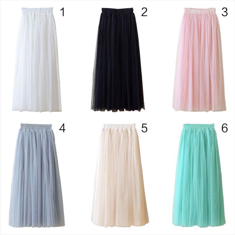 

80cm High Waist Three Layer Womens Skirt Sheer Mesh Pleated Tulle Midi Long Sweet Solid Candy Color Drape Swing Loose, Black