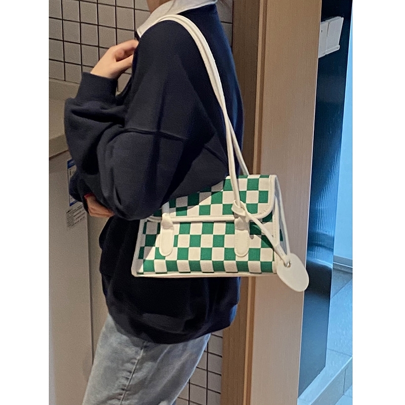

Portable canvas women's summer 2021 new fashion lattice underarm French minority one shoulder handbag, White