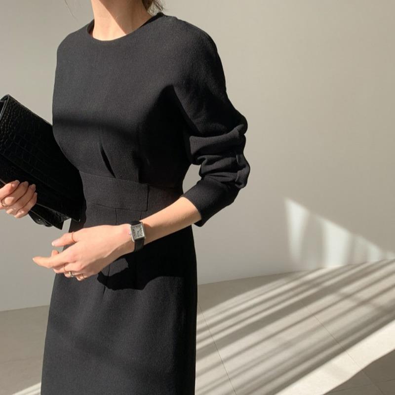 

Casual Dresses Korean Chic Temperament Autumn O Neck Wrap Hip Split Black Long Sleeve Dress Vestido Feminino Fashion Slim Waist Wild, Black;gray