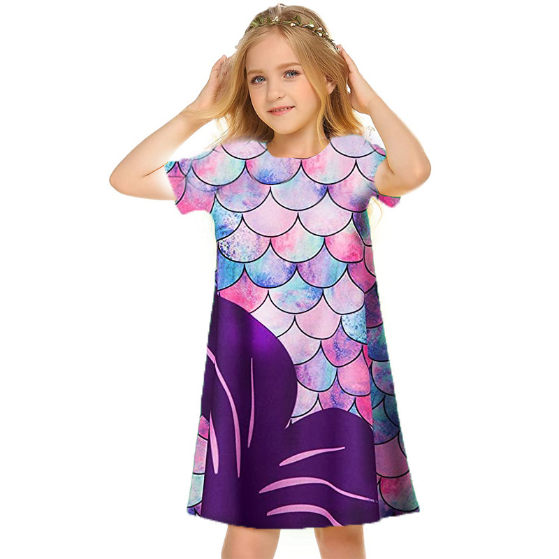 

Colorful fish scale dress short-sleeved printed dress children's casual dress A-line skirt knee-length simple, elegant and colorful 5-1, Red;yellow