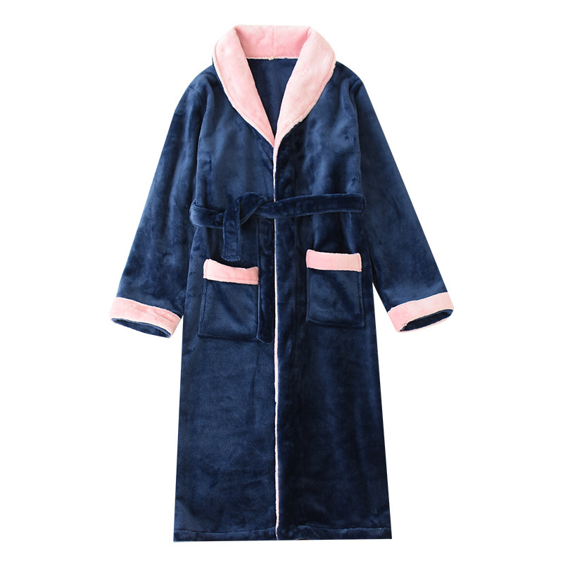 

2021 New Coral Fleece Flanne Women Nightwear Fall Ed in Robe Hot Sleepwear Wear House Soft Pocket Clothes Ing Gown Jeoo, Navy blue