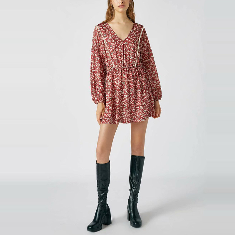 

Spring V neck Elegant Patchwork Waist Dress Puff Sleeve Mini Party A-line Vintage Floral Print Women NX9832 210525, Red