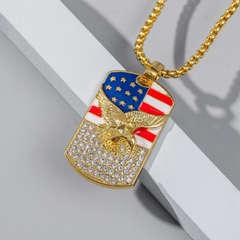 Pendant Necklaces Fashion US Flag Eagle Pattern Enamel Rhinestone Square Pendants For Women Men Hip Hop Jewelry Gold Chain Necklace Gift-image-709028049