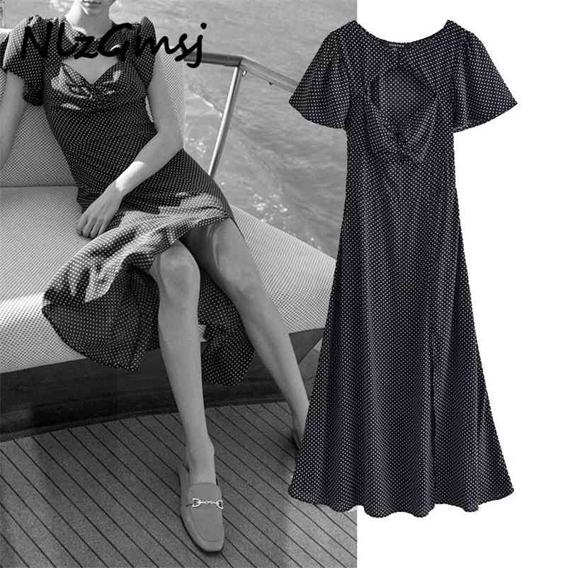 

Dres Vintage Polka Dot Midi Pleated Elastic Chest Party Woman Short Sleeve Vestidos 03 210628, As picture