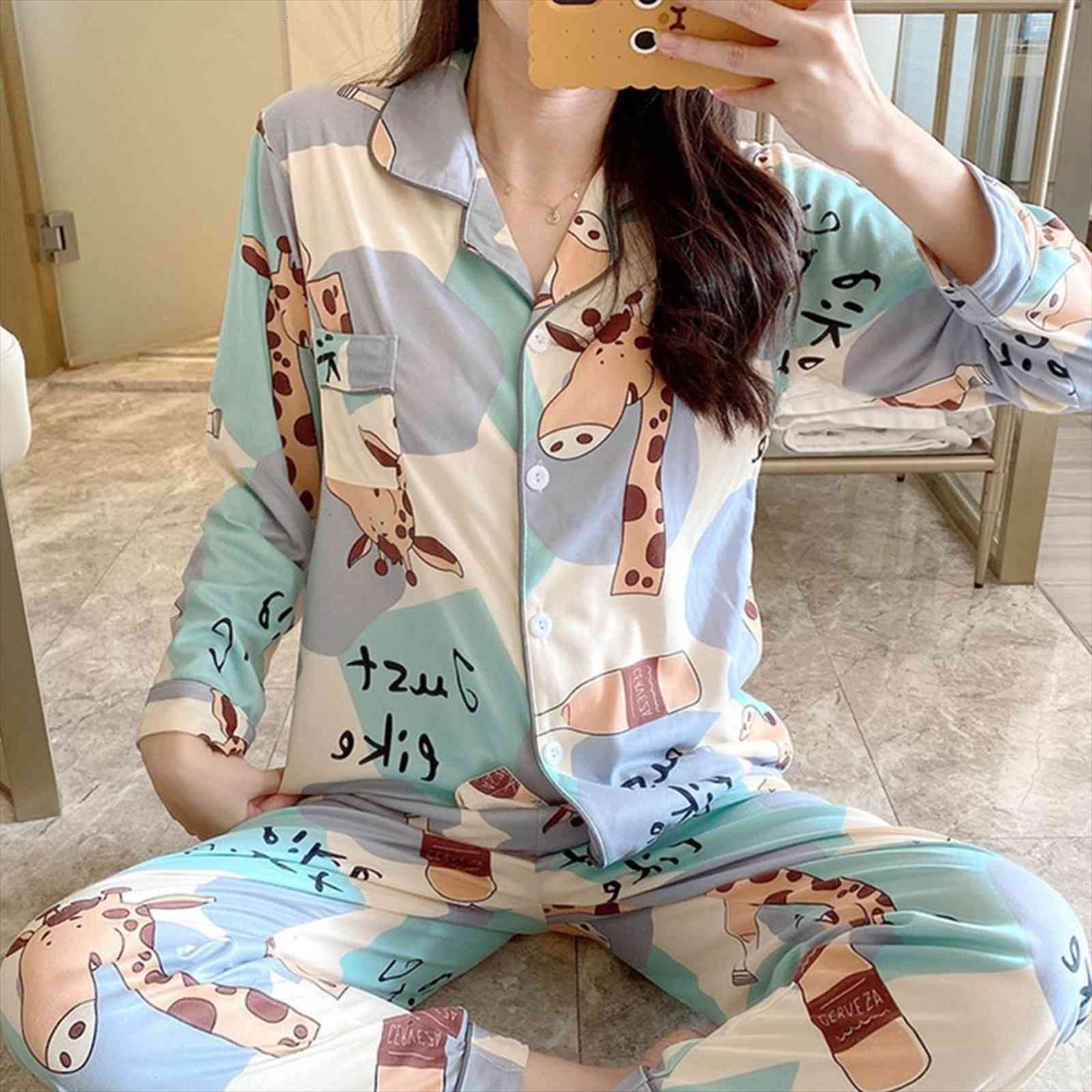 

spring pajamas sets cute women sleepwear print fashion cotton shirts pants two pieces suit night, Black;red