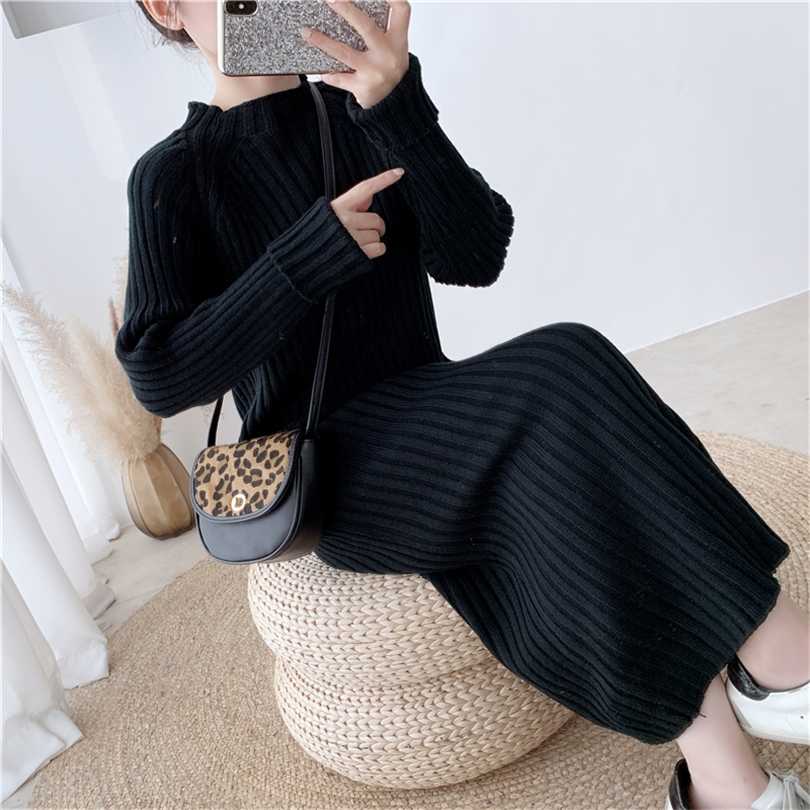 

Syiwidii Turtleneck Sweater Dress Elegant Women Ribbed Casual Long Knitted Bandage Dresses Fall Winter Khaki Black Beige 211110