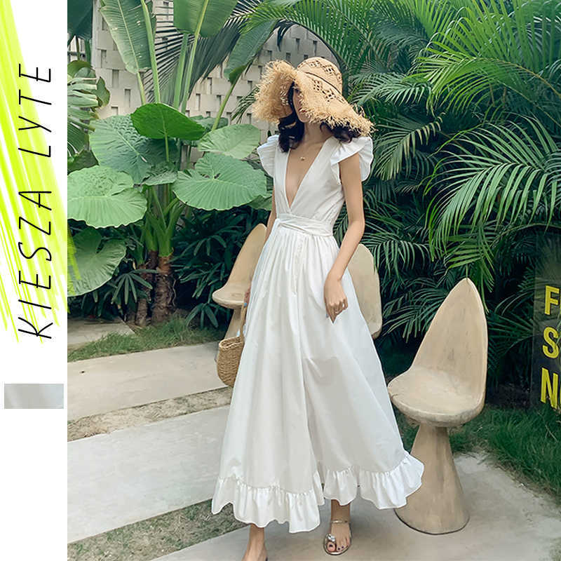 

Women sexy maxi split party dress solid white fairy backless high waist deep V neck ruffle club dresses beach holiday sundress 210608