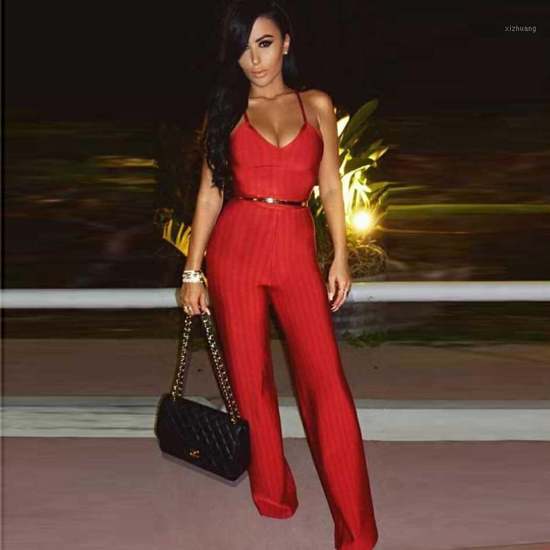 

Women's Jumpsuits & Rompers 2021 Summer Jumpsuit Bandage Red Striped Pasta Strap V-neck Full Length Celebrity Party Tights, Khaki