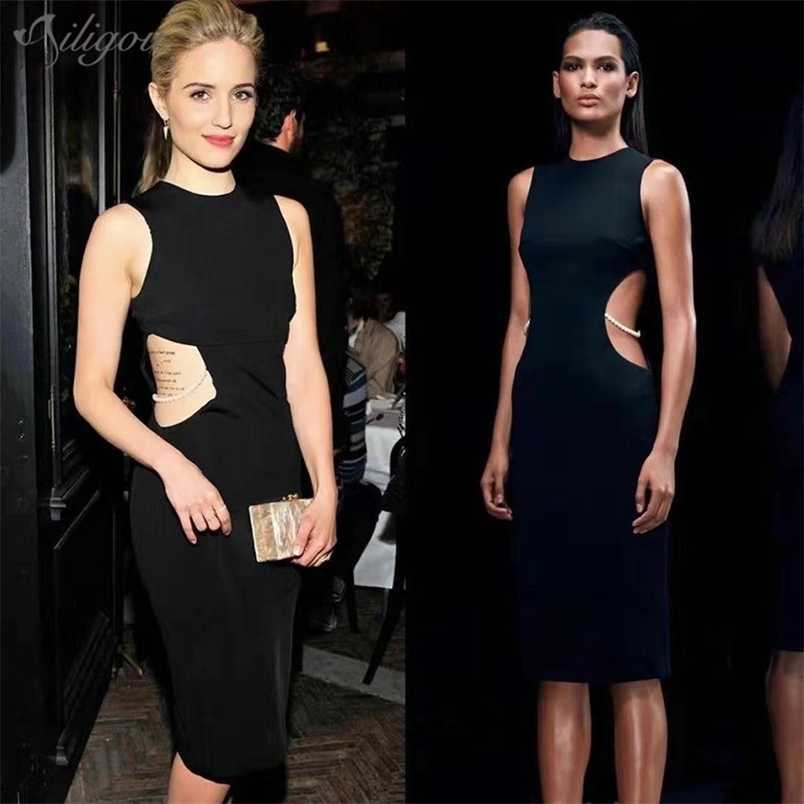 

Women's Summer Sexy Sleeveless Hollow Pearl Black Mini Bodycon Bandage Dress Elegant Party Vestidos 210525