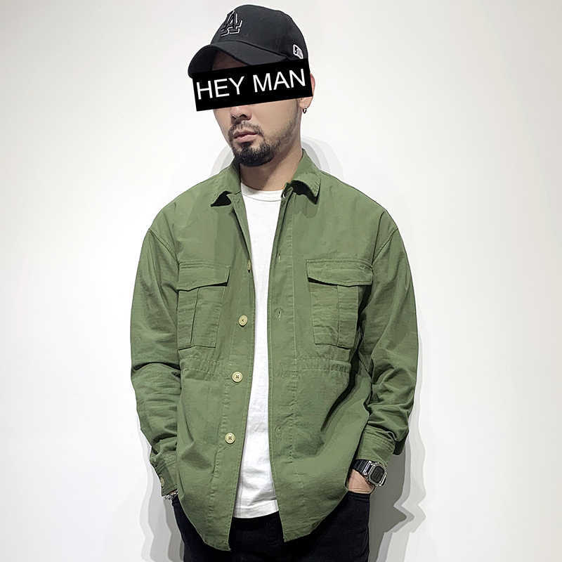 

Harajuku Outdoor Shirt Jacket Men Japan Style Vintage Army Green Shirt Military Loose Casual Cargo Tops Male Turn Down Collar 210603, Black