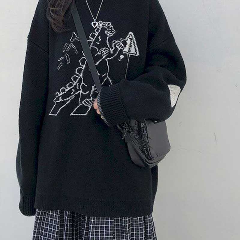 

autumn pullover loose sweater jacket female college style contrast cartoon pattern round neck knitted 210526, White