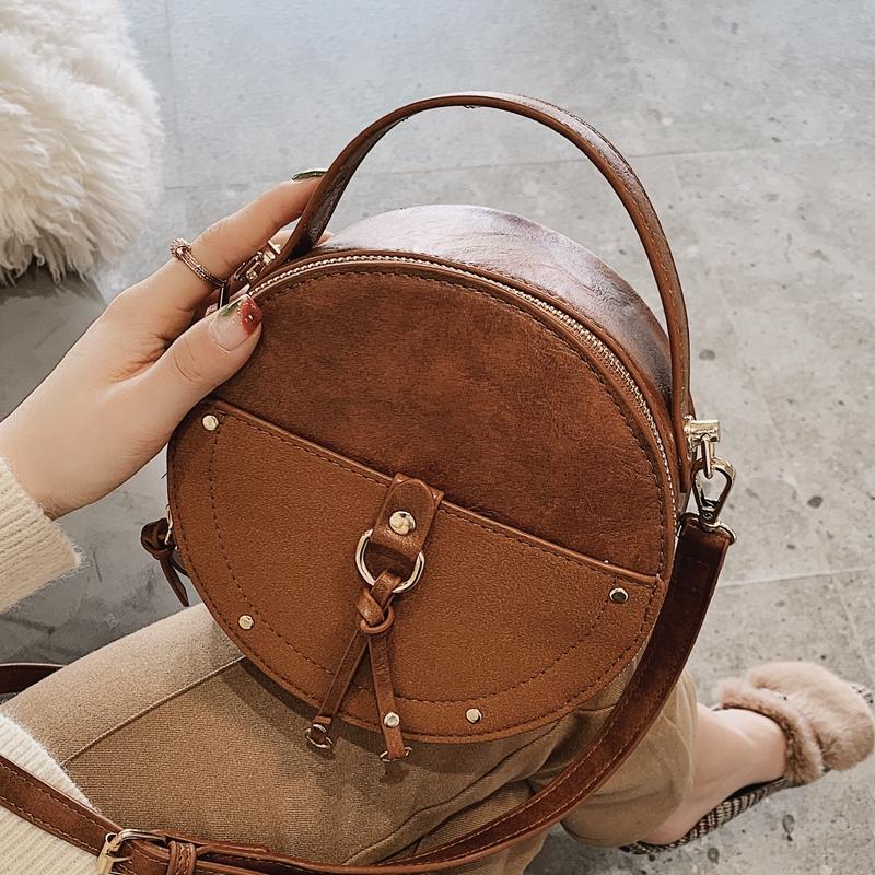 

Vintage Scrub Leather Round Designer Crossbody Bag For Women 2021 PU Leather Shoulder Bags Ladies Small Handbags Mini Tote Bag, Black