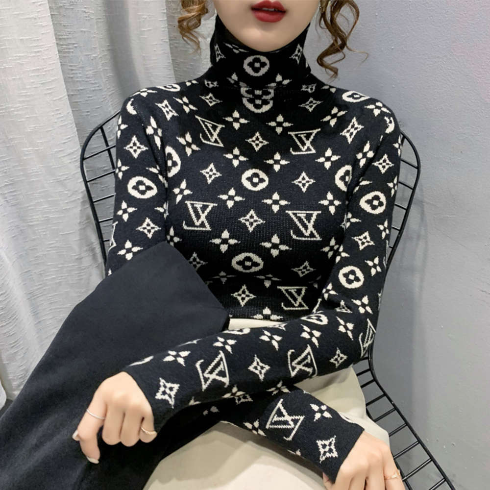 

sweatersPile up high neck jacquard sweater for women's bottom coat with western style knitted top in autumn and winter 2021, White;black