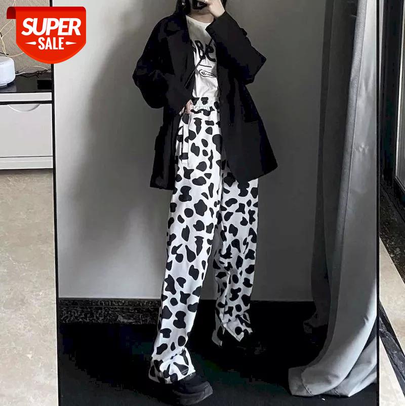 

Pants women's autumn 2020 new ins Harajuku style cow pattern drape wide-leg pants loose and thin straight trousers #CJ86, Black;white