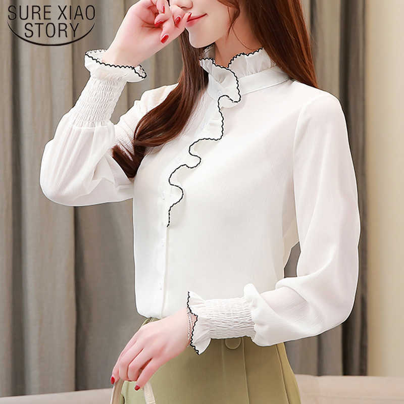 

Autumn Fashion Long Sleeve Chiffon Women Blouse Solid Ruffles Casual Slim Women Shirts Women Tops Include Sling 6634 50 210527, White