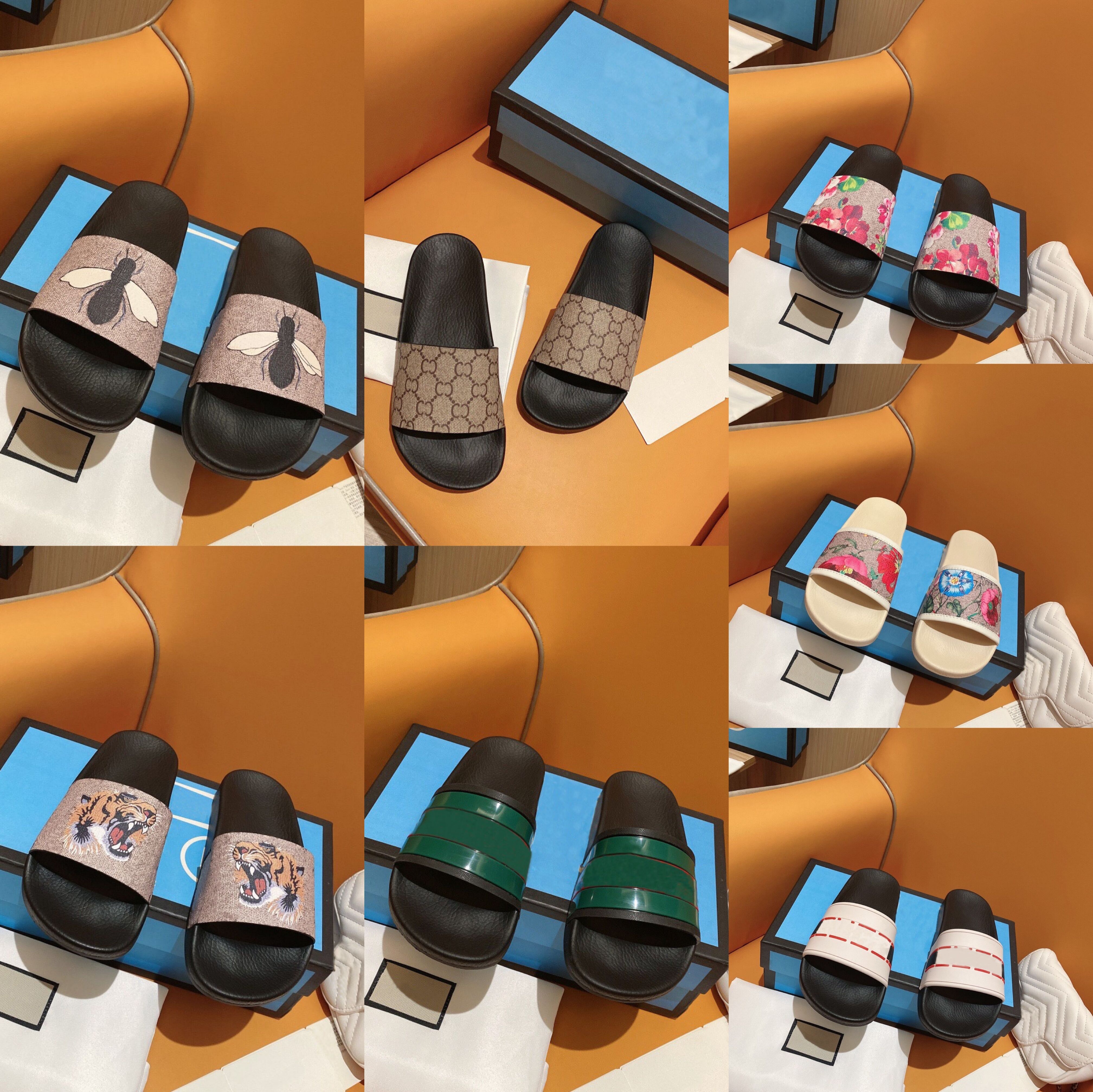

2021 designer rubber slide sandal floral brocade men slipper Gear bottoms Flip Flops women striped Beach causal slippers with Box size 35-46, This option is not shipped