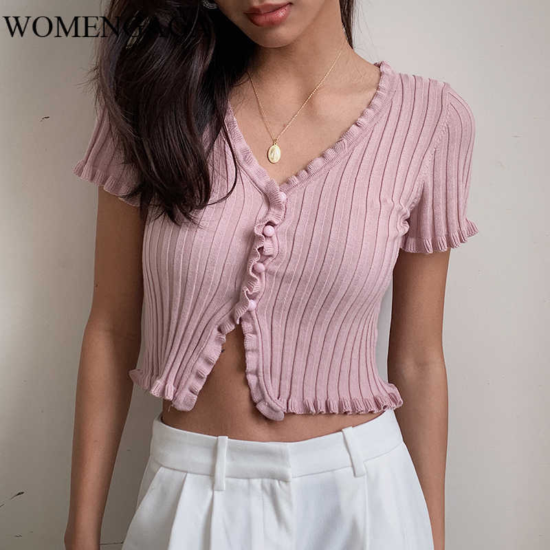 

Retro Lace V-neck Knitted Purple Top Women Spring Summer Korean Women's Short-sleeved Cardigan T Shirt Girl Female XO09 210603, Pink