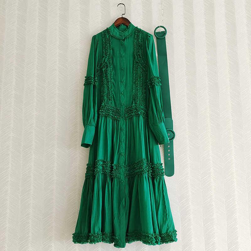 

Casual Dresses 2021 Spring Designer Women' Standard Collar Elegant Long Sleeves Dress High Quality Ruffles Belt Maxi A073, Green