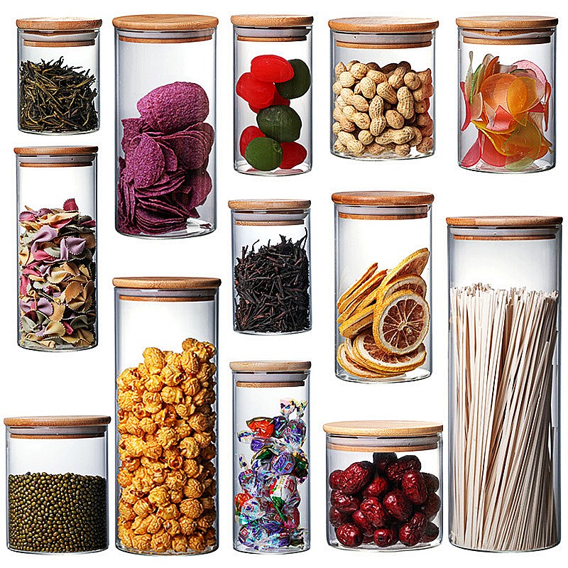 

Glass Jars with Natural Bamboo Lids for Home Kitchen Tea, Flour, Cookie, Candy & Spices - Small Food Storage Airtight Canister Sets Pantry Organization