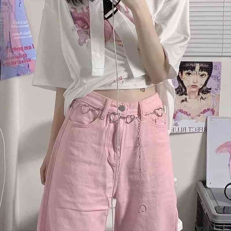 

wide leg denim pink women jean loose high waist heart chain all-match fashion kawaii summer thin casual cute leisure breathable, Blue