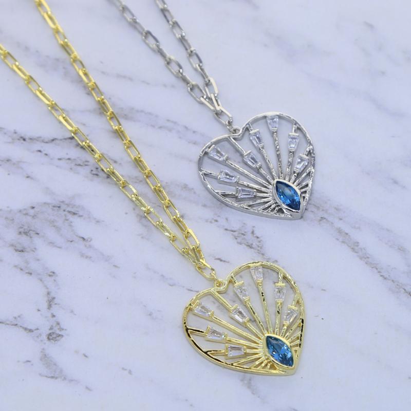 

Pendant Necklaces Out White Blue CZ Cubic Zirconia Paper Clip Pin Open Link Chain Necklace Big Heart Love Valentines Gift Women Jewelry 2021