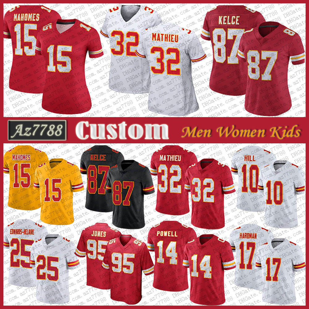 

15 Patrick Mahomes Custom Men Women Kids KC Football Jersey 87 Travis Kelce 10 Tyreek Hill 32 Tyrann Mathieu 95 Chris Jones 1 Jerick McKinnon Mike Hughes Cornell Powell, Shown