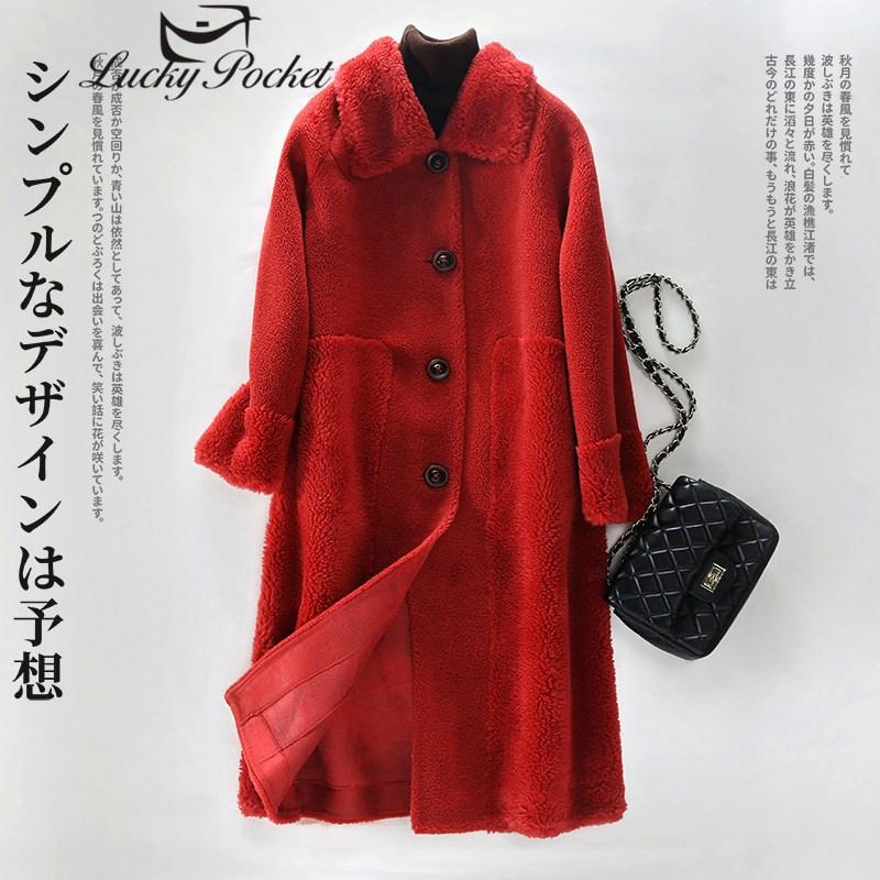 

Women's Fur & Faux Winter Ladies Turn-down Collar Wool Thick Coat Women Long Red Fashion Parkas Plush Female Slim Lamb Pocket ML4