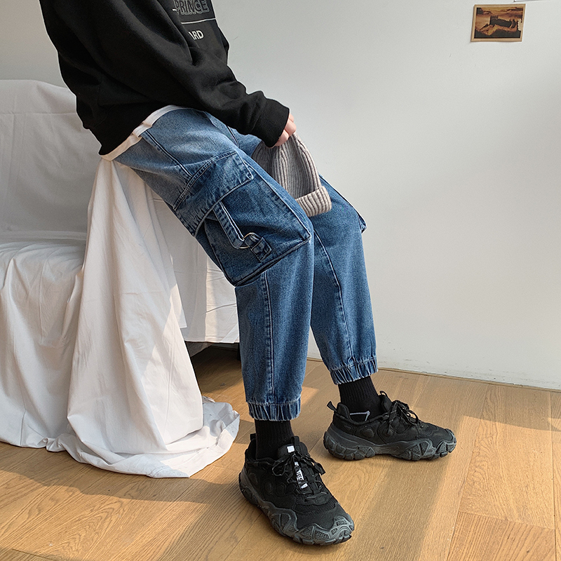 

2021 New Men's Tide Thickening Work Casual Pants Stretch Slim Fit Jeans Gradual Change Color More Cargo Pocket Biker Denim Trousers M-3xl Pu, Black