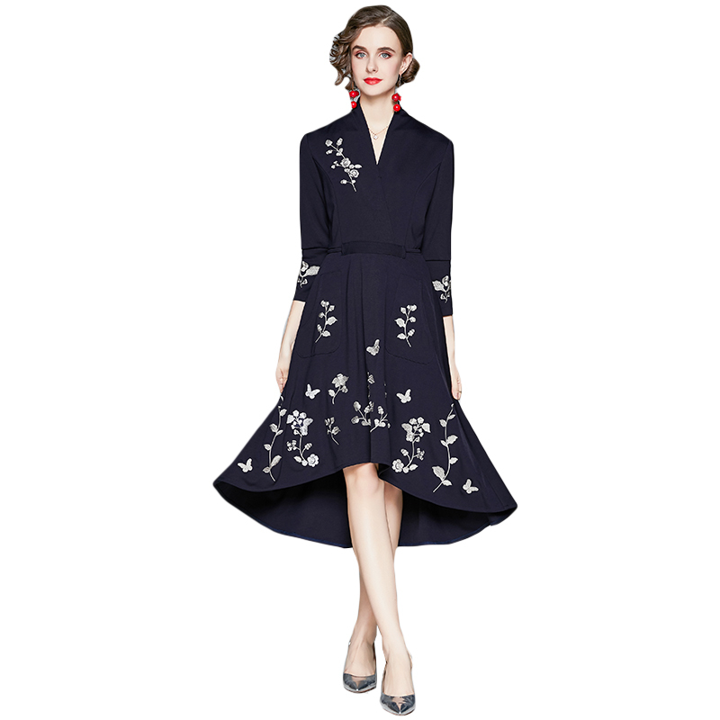 

Fashion Designer Women Autumn Winter Elegant Embroidered Dress Female Office Party Robe Dark Blue Vintage Dresses Vestidos 210525, Navy blue