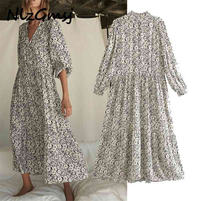

Dres Floral Print Oversized Long Dresses For Casual Ruffel Puff Sleeve Woman 03 210628, As picture
