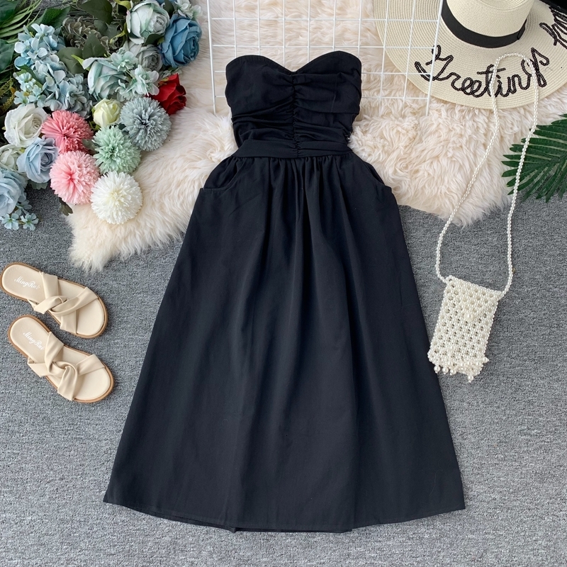

2021 New Very fairy female sexy top waist off the shoulders solid color long dress ZBBL, Black