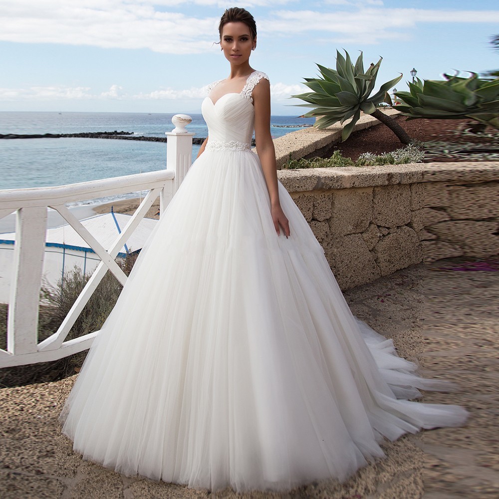

2021 New Ball Gown Tulle Es Sweetheart Lace Appliques Straps Wedding Bridal Gowns with Beaded Sash Vestidos De Mariage Ws3x, Ivory