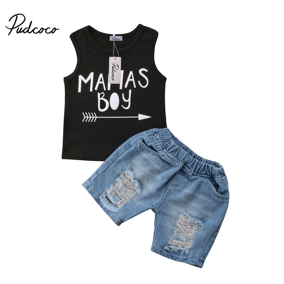 

Pudcoco Summer Infant Toddler Newborn Kid Baby Boy Clothes Set Cool Sleeveless Hoodie T-Shirt Tops+Short Jeans Outfits X0719, Black