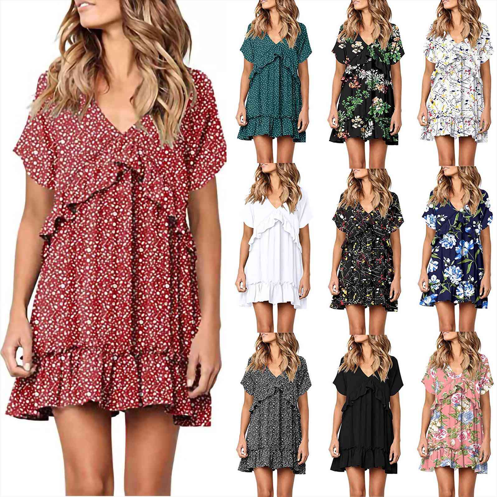 

ruffle summer personalized printing women dresses loose short sleeve v neck casual mini vestidos mujer, Black;gray