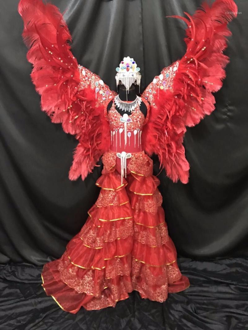 

feather, exquisite dance show, samba Costume Boy children girl Stage catwalk Model competition perform Swimwear catwalk1, Red